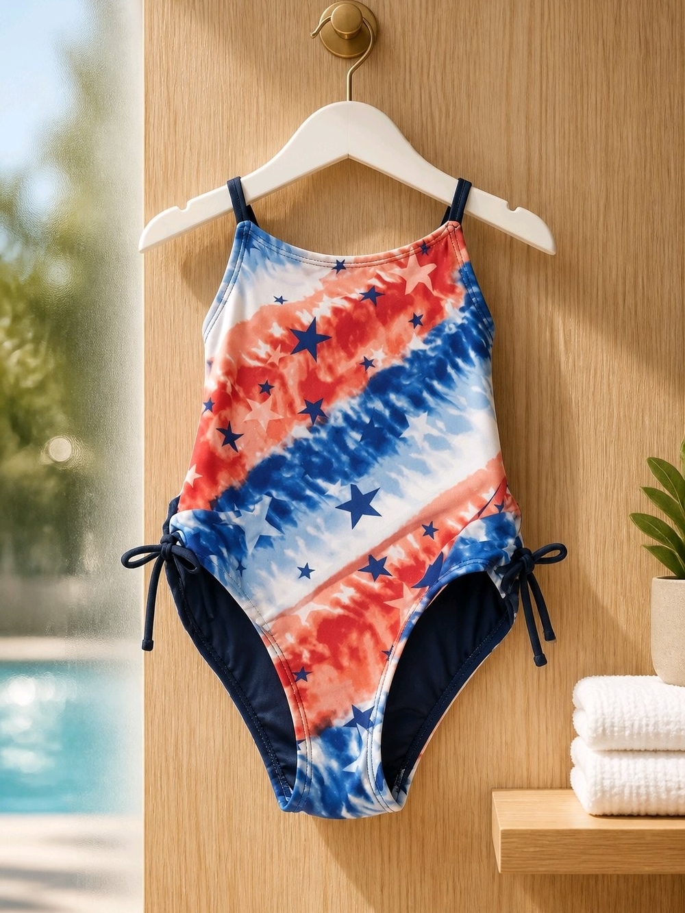 Girls' Red & Blue Star Tie-Dye One-Piece Swimsuit